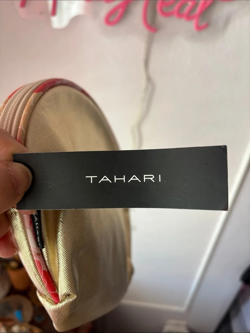Tahari Gold Cosmetic Pouch with Pink-Trim Top